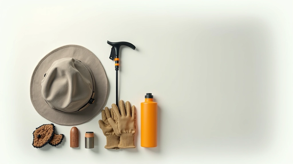 Collection of coastal walking accessories including waterproof hat, hiking gloves, sunscreen, and walking poles