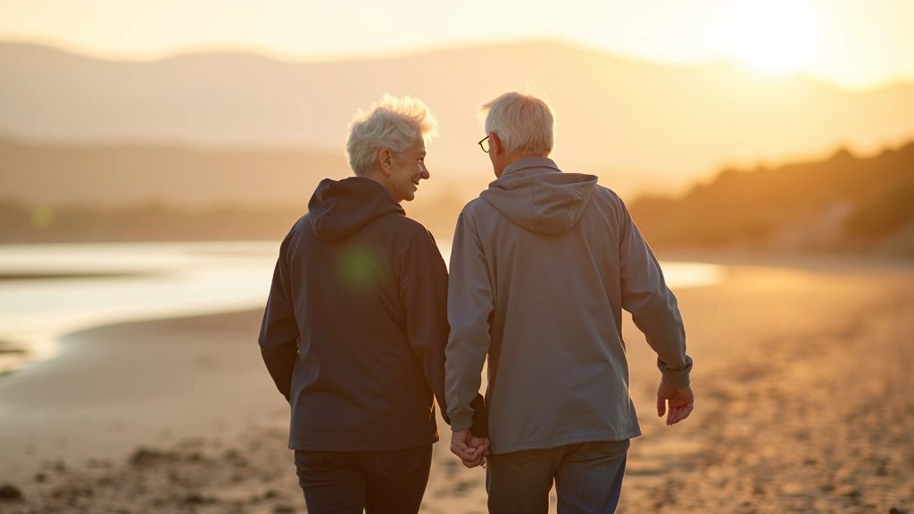 Retired couple walking on golden sand causeway with calm tidal waters reflecting sky
