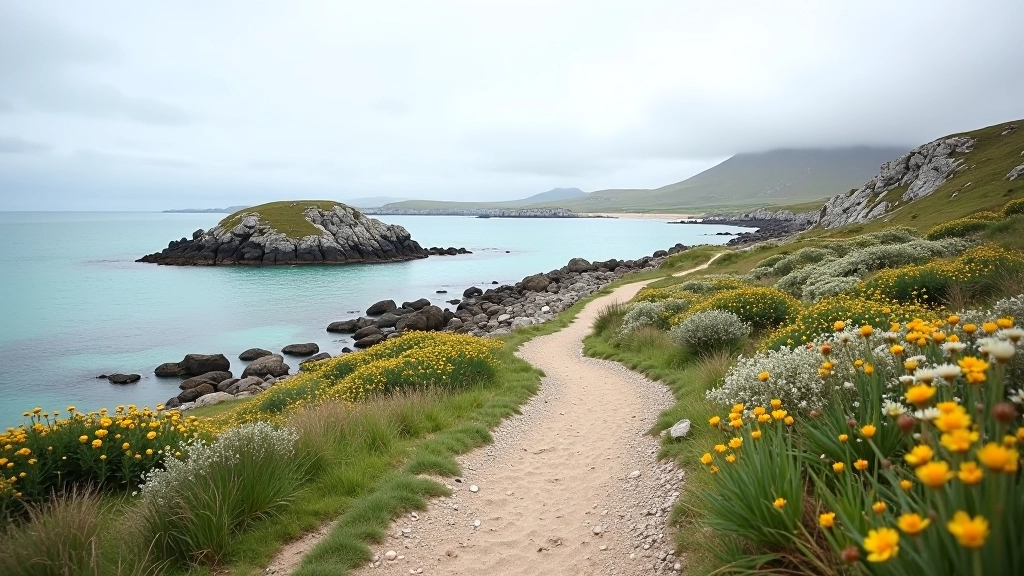 Connemara coastal shoreline with rocky outcrops and wildflowers along walking path