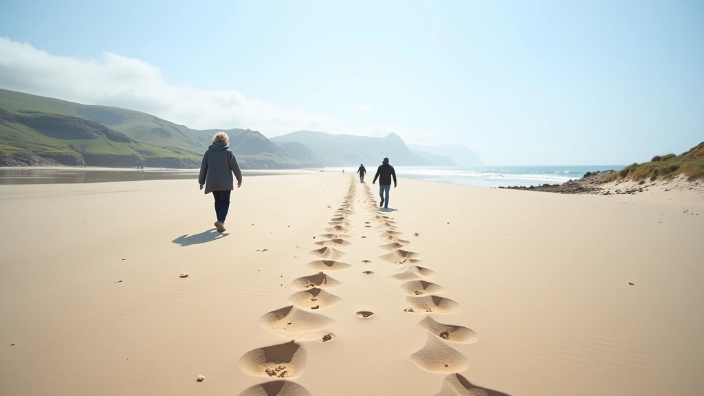 Wide sandy causeway to Omey Island at low tide with people walking safely across exposed sand