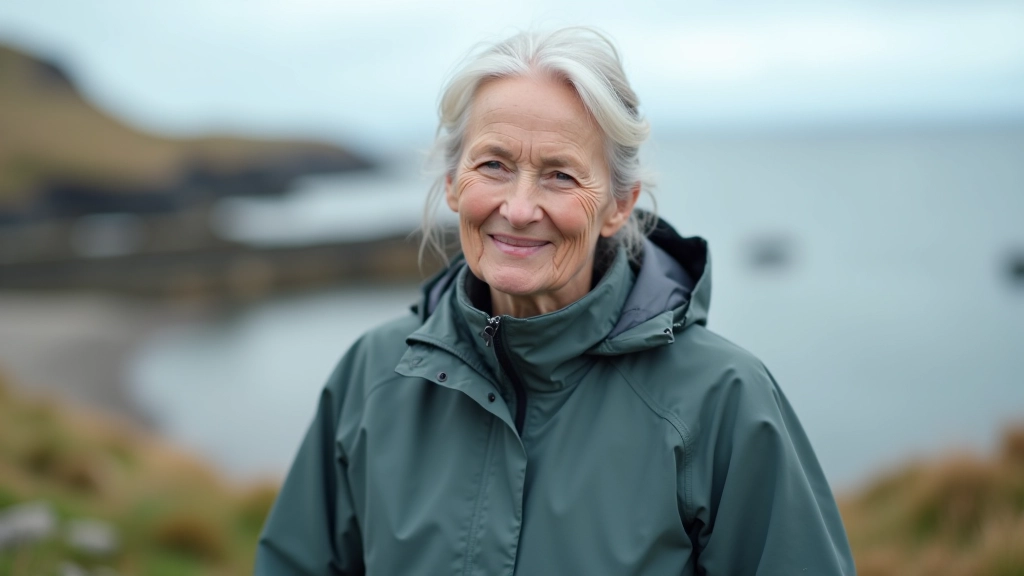 Retiree wearing proper hiking gear and waterproof jacket on coastal trail